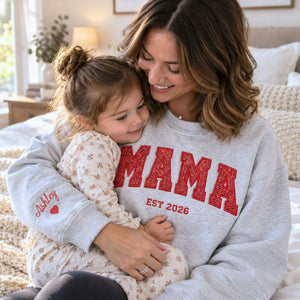 Custom Glitter Mama Sweatshirt, Embroidered Mom Applique Sweatshirt with Kids Name, Fall Mama Crewneck, Mom Gift