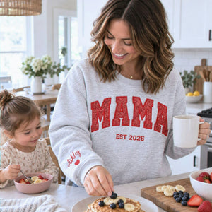 Custom Glitter Mama Sweatshirt, Embroidered Mom Applique Sweatshirt with Kids Name, Fall Mama Crewneck, Mom Gift