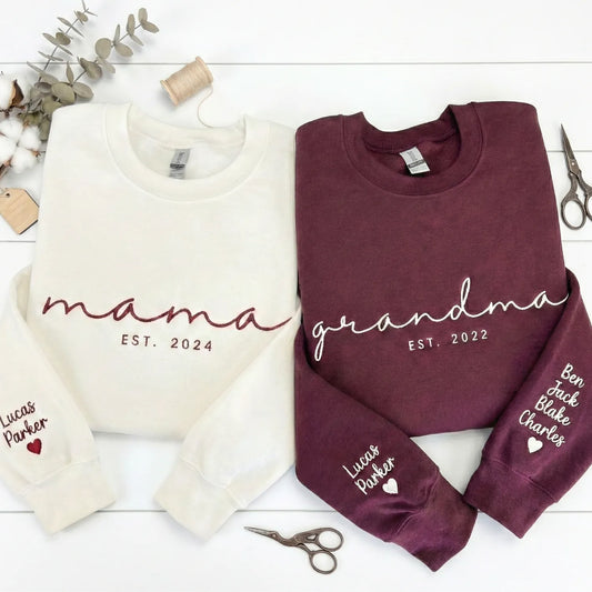 Custom Mama Embroidered Sweatshirt - Personalized Gift for Wife, Mom, New Mom - Mother’s Day & Birthday