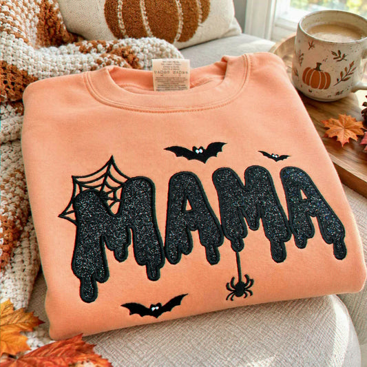 Mama Halloween Glitter Sweatshirt, Embroidered Spooky Mama Halloween Crewneck, Autumn Gift