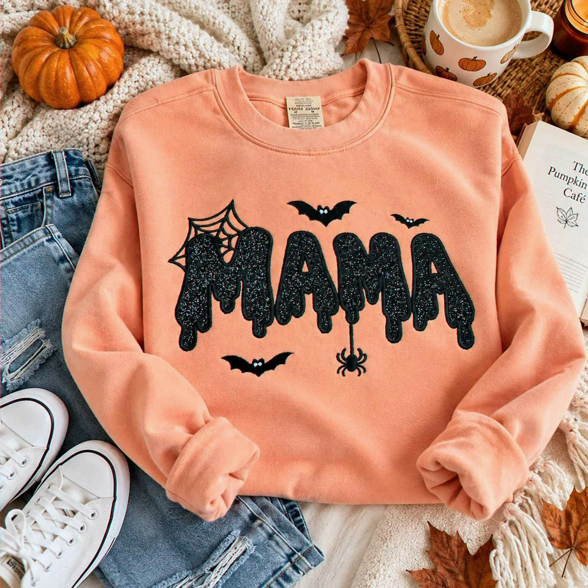 Mama Halloween Glitter Sweatshirt, Embroidered Spooky Mama Halloween Crewneck, Autumn Gift
