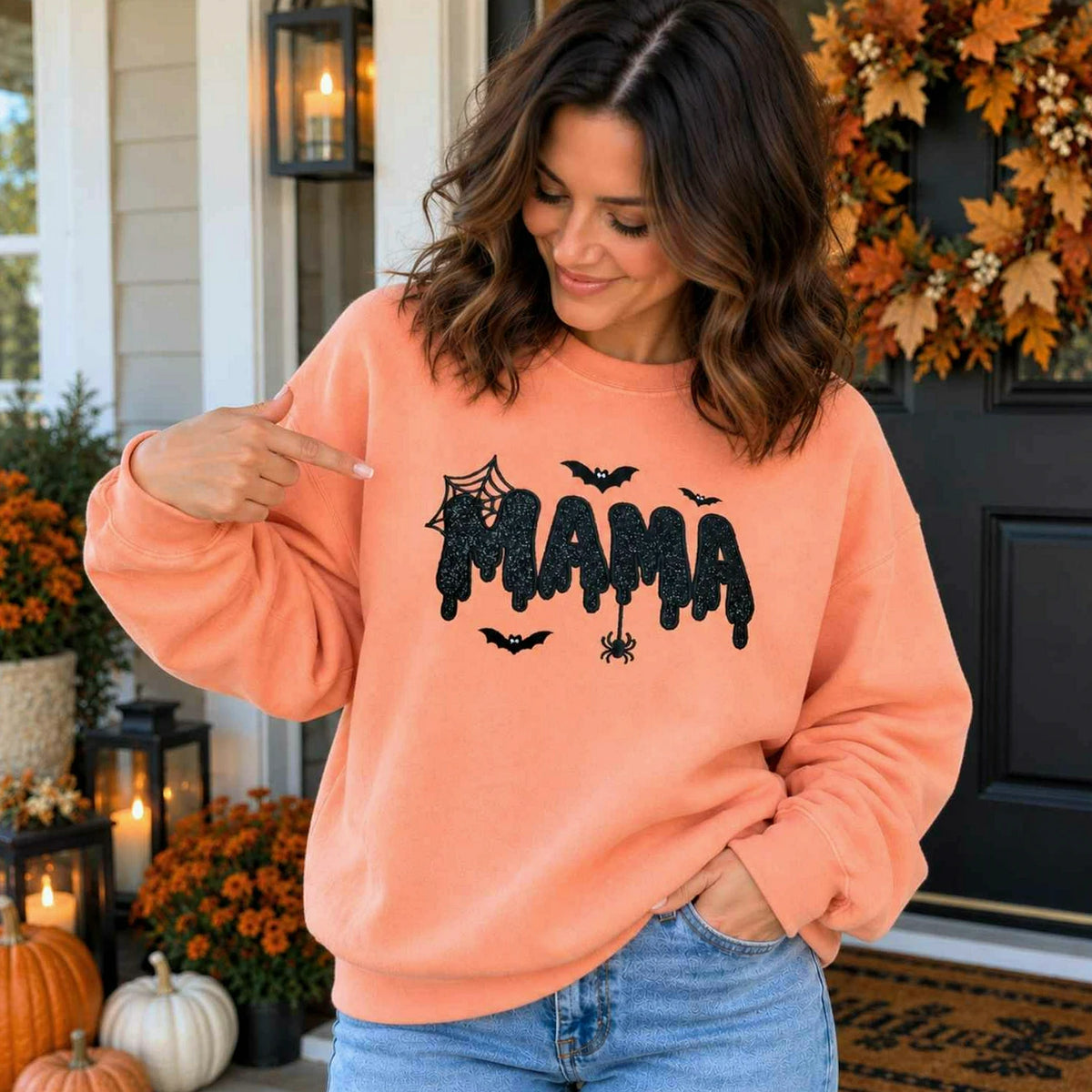 Mama Halloween Glitter Sweatshirt, Embroidered Spooky Mama Halloween Crewneck, Autumn Gift