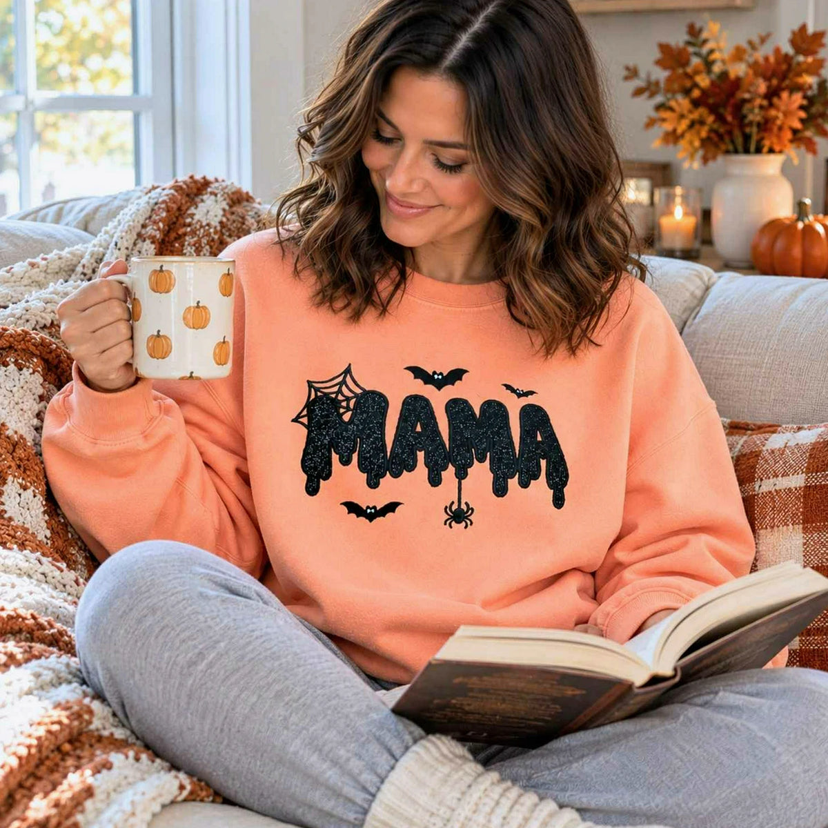 Mama Halloween Glitter Sweatshirt, Embroidered Spooky Mama Halloween Crewneck, Autumn Gift