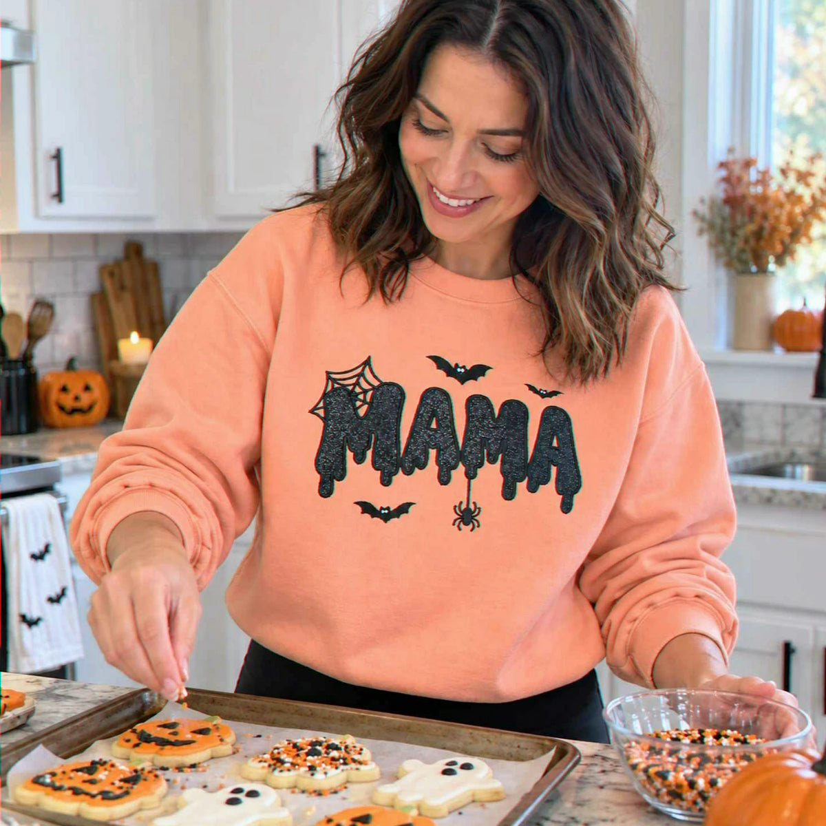 Mama Halloween Glitter Sweatshirt, Embroidered Spooky Mama Halloween Crewneck, Autumn Gift