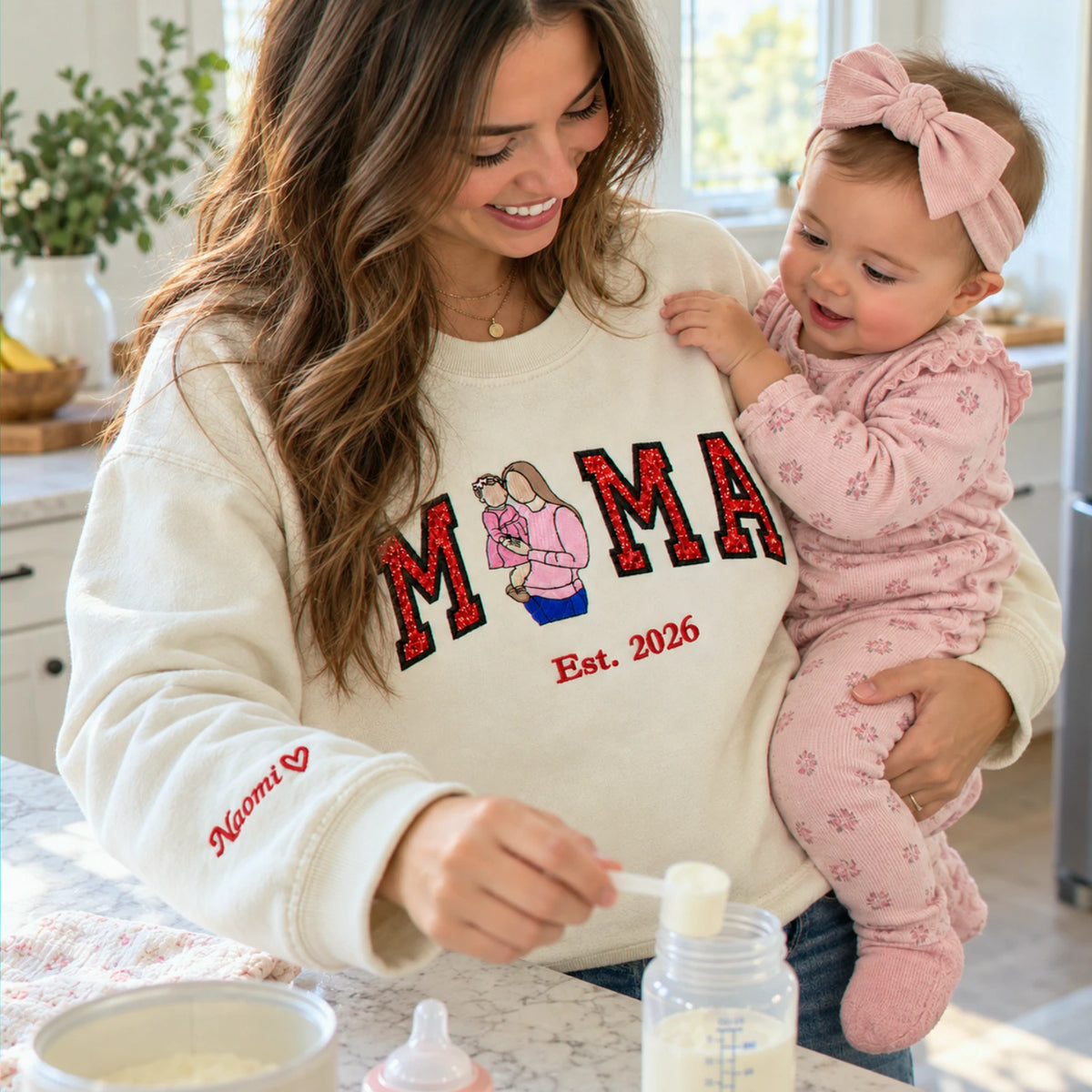 Custom Mama Portrait Glitter Sweatshirt, Embroidered Mom with Kids Name Crewneck, First Christmas New Mom Gift