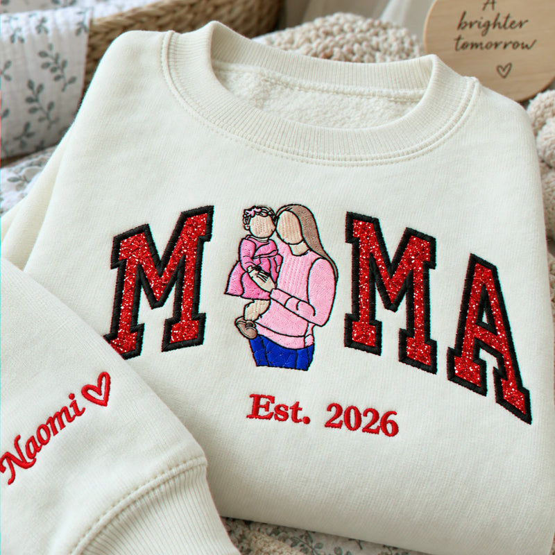 Custom Mama Portrait Glitter Sweatshirt, Embroidered Mom with Kids Name Crewneck, First Christmas New Mom Gift