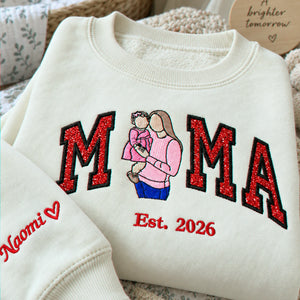 Custom Mama Portrait Glitter Sweatshirt, Embroidered Mom with Kids Name Crewneck, First Christmas New Mom Gift