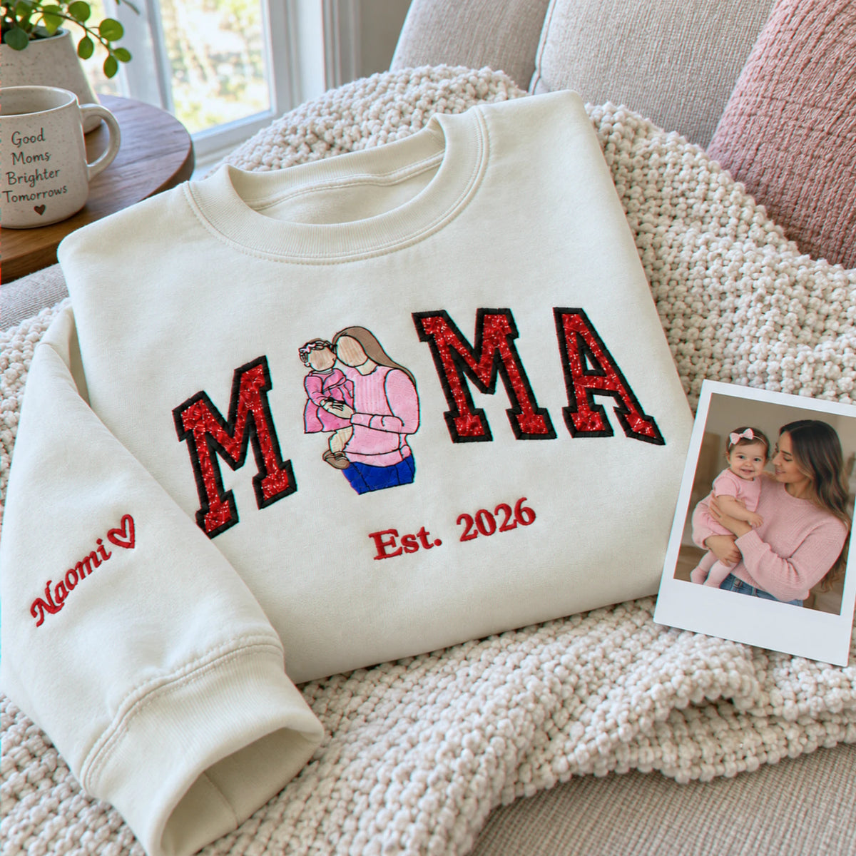 Custom Mama Portrait Glitter Sweatshirt, Embroidered Mom with Kids Name Crewneck, First Christmas New Mom Gift