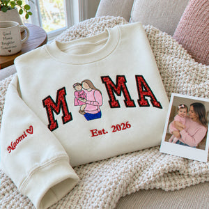 Custom Mama Portrait Glitter Sweatshirt, Embroidered Mom with Kids Name Crewneck, First Christmas New Mom Gift