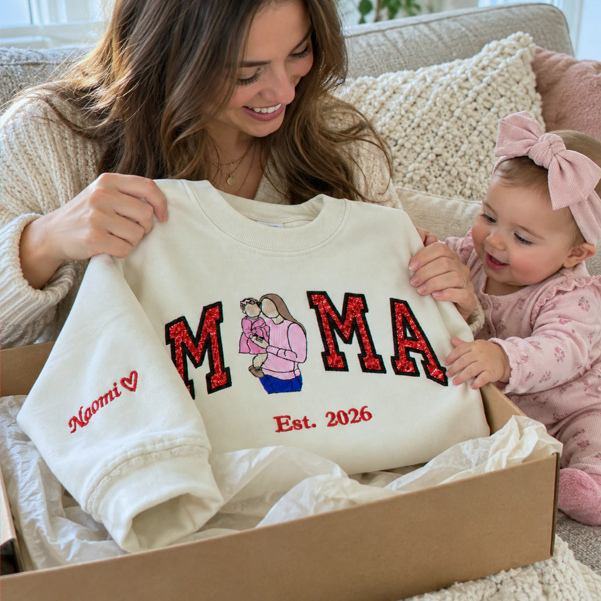 Custom Mama Portrait Glitter Sweatshirt, Embroidered Mom with Kids Name Crewneck, First Christmas New Mom Gift