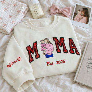 Custom Mama Portrait Glitter Sweatshirt, Embroidered Mom with Kids Name Crewneck, First Christmas New Mom Gift