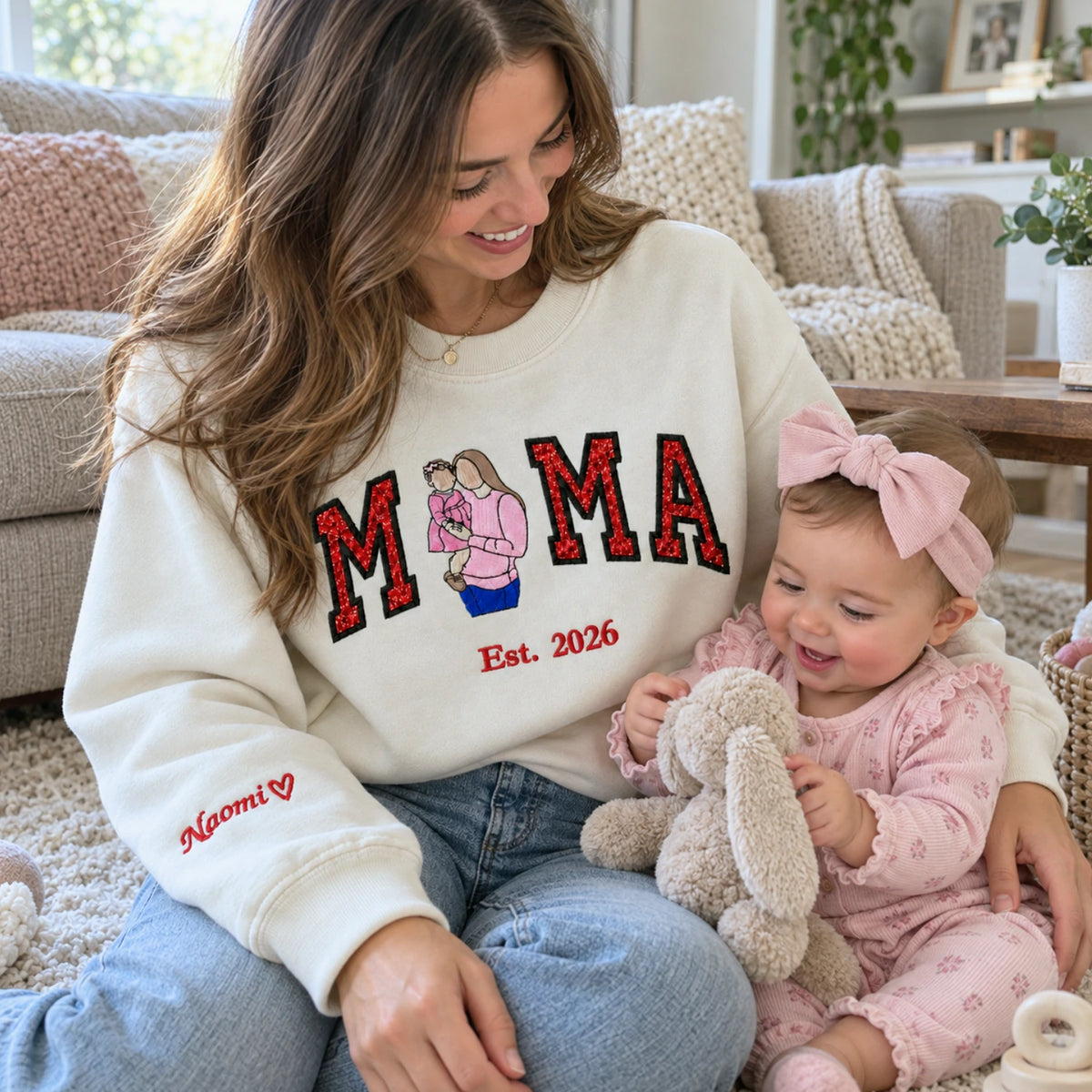 Custom Mama Portrait Glitter Sweatshirt, Embroidered Mom with Kids Name Crewneck, First Christmas New Mom Gift
