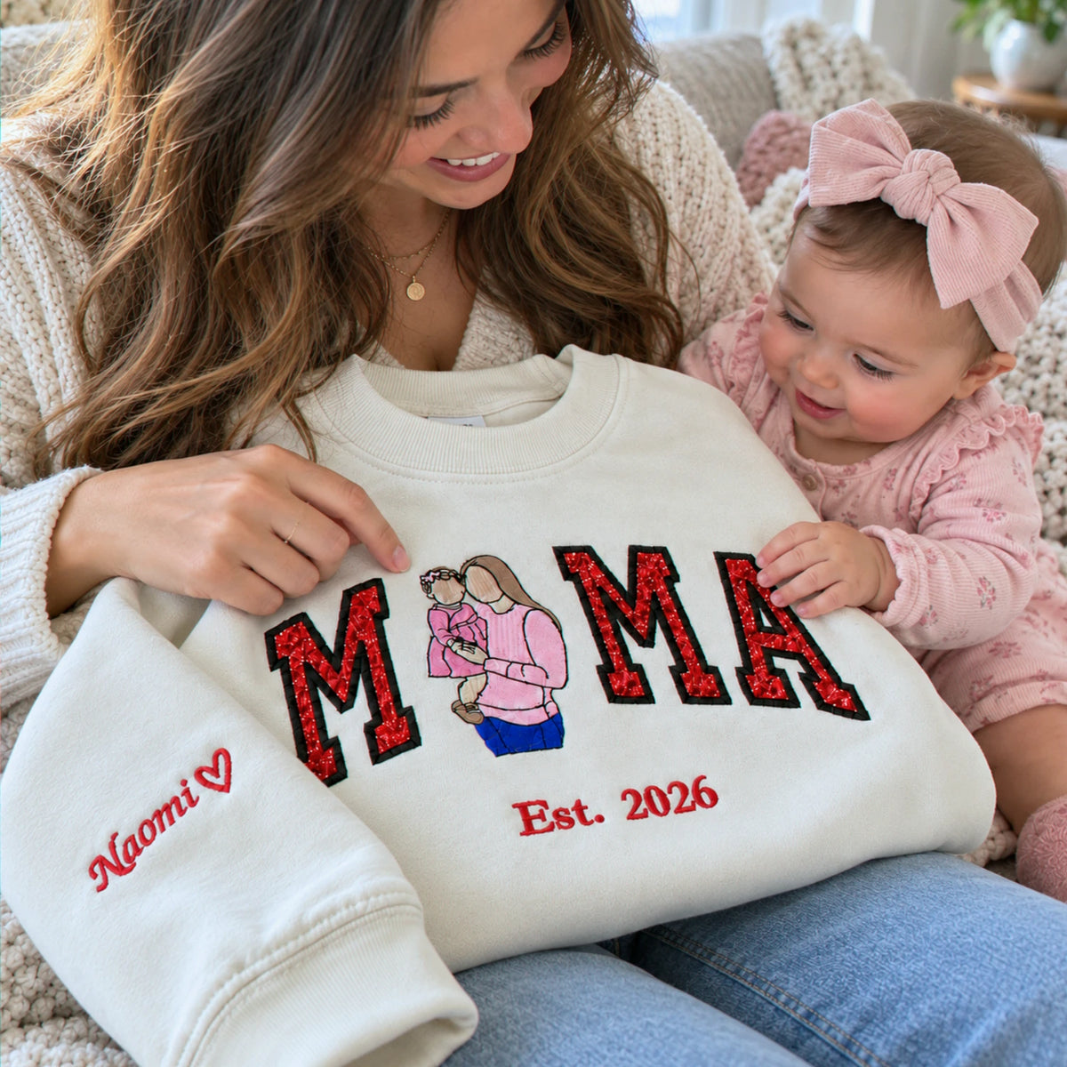 Custom Mama Portrait Glitter Sweatshirt, Embroidered Mom with Kids Name Crewneck, First Christmas New Mom Gift