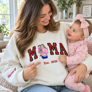 Custom Mama Portrait Glitter Sweatshirt, Embroidered Mom with Kids Name Crewneck, First Christmas New Mom Gift