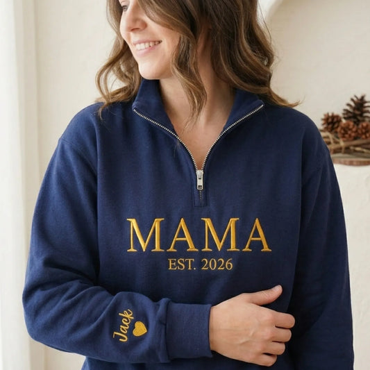 Personalized Mama Quarter Zip Sweatshirt for Mom Friend - Embroidered Gift for Mother's Day, Birthday