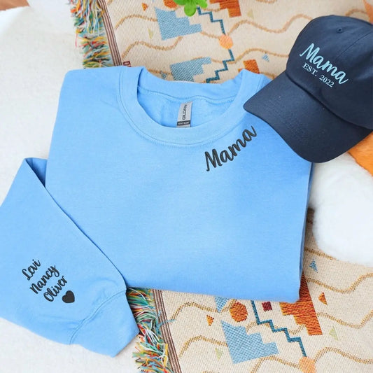 Embroidered mama sweatshirt and matching hat set 