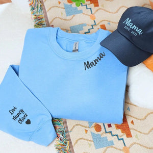 Embroidered mama sweatshirt and matching hat set 