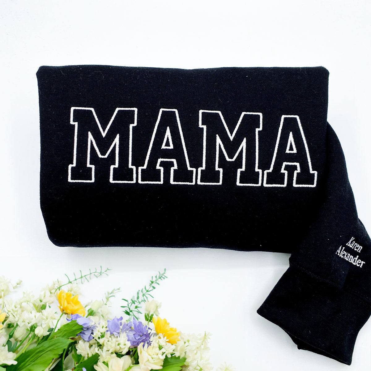 Custom Embroidered Mama Sweatshirt with Kid Names on Sleeve, Personalized Gift for Mom, Momma Mother's Day Birthday Gift