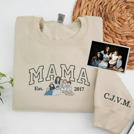 Sand Mama sweatshirt with kids names and Est. year, made as a heartfelt Mother's Day gift