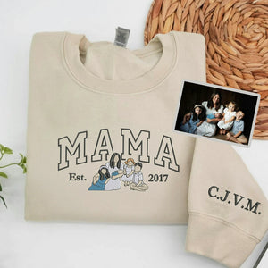 Sand Mama sweatshirt with kids names and Est. year, made as a heartfelt Mother's Day gift