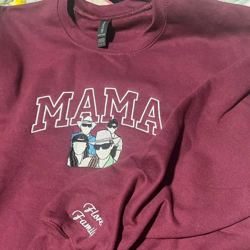 Custom Mother's Day Sweatshirt with Embroidered Mama Portrait and Kids Names, Personalized Mom Gift