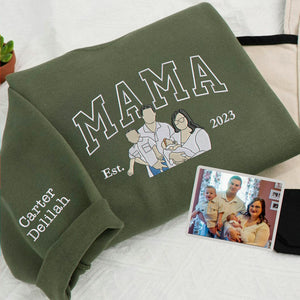 Custom Mother's Day Sweatshirt with Embroidered Mama Portrait and Kids Names, Personalized Mom Gift