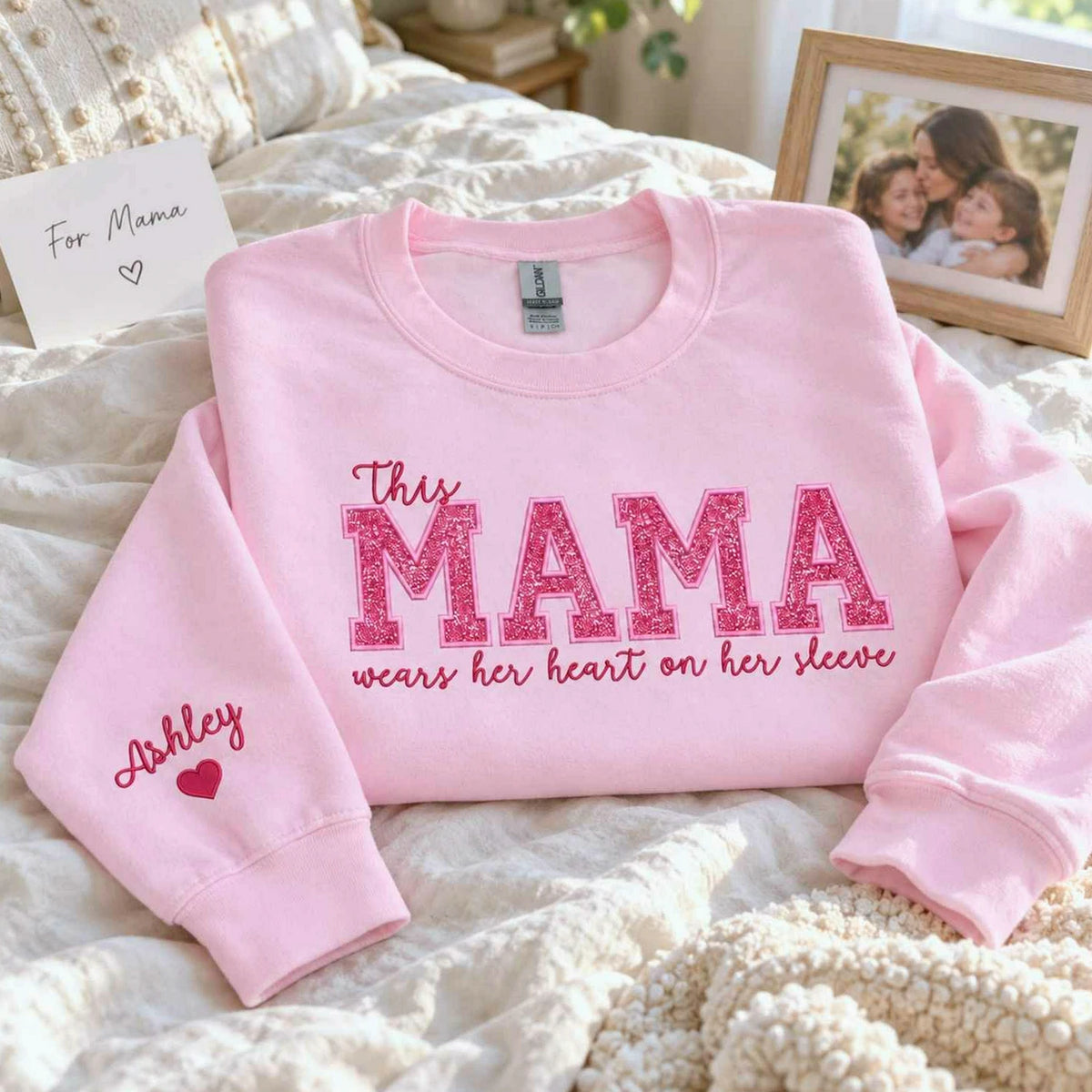 Custom Glitter This Mama Wears Her Heart on Her Sleeve Sweatshirt, Embroidered Mama Applique Crewneck