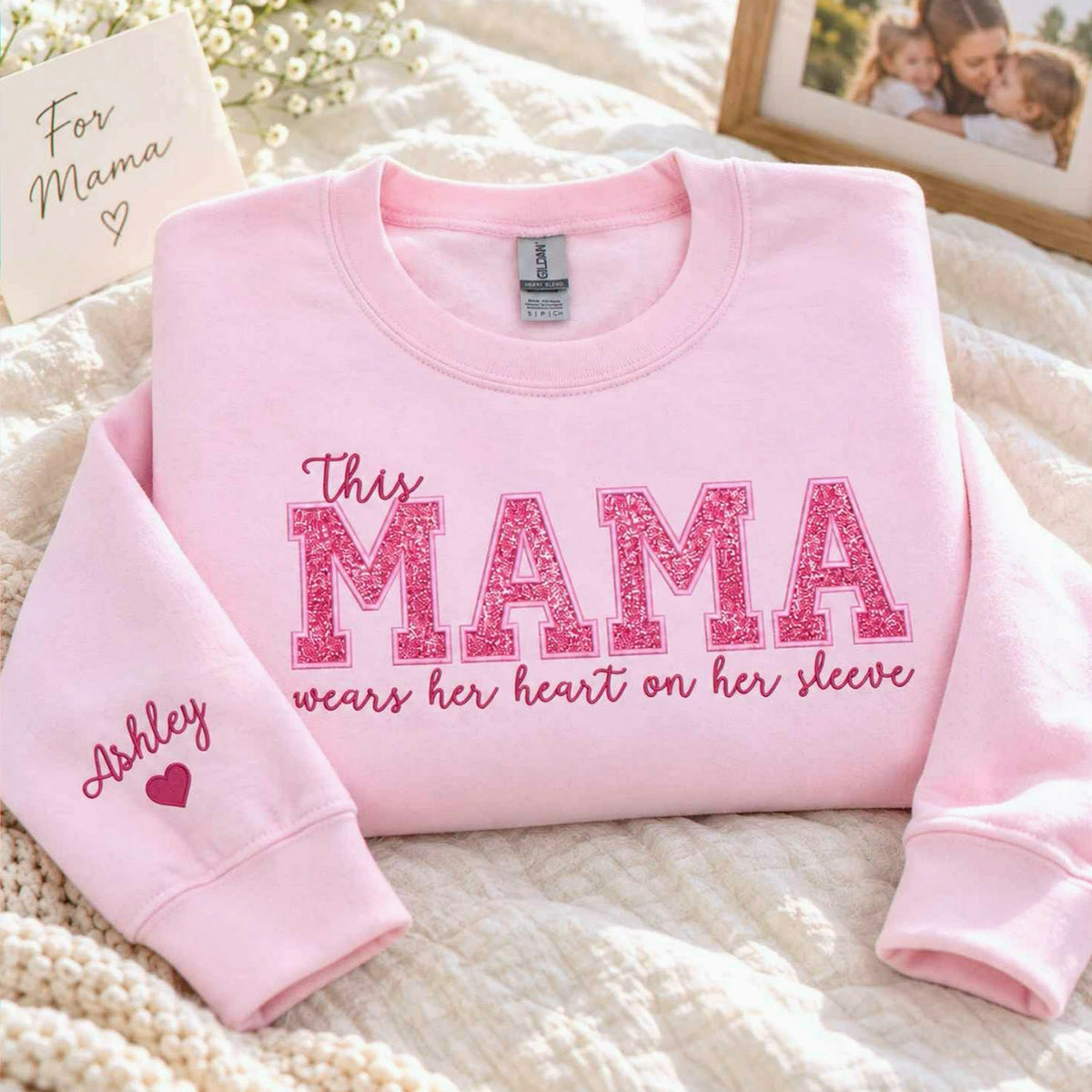 Custom Glitter This Mama Wears Her Heart on Her Sleeve Sweatshirt, Embroidered Mama Applique Crewneck