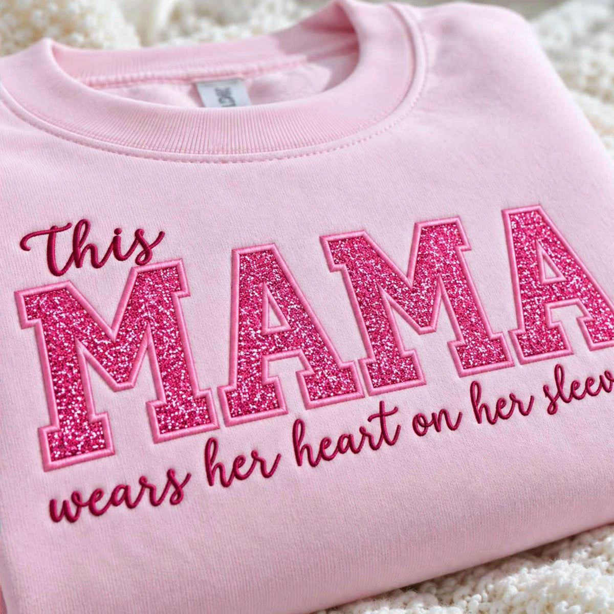 Custom Glitter This Mama Wears Her Heart on Her Sleeve Sweatshirt, Embroidered Mama Applique Crewneck