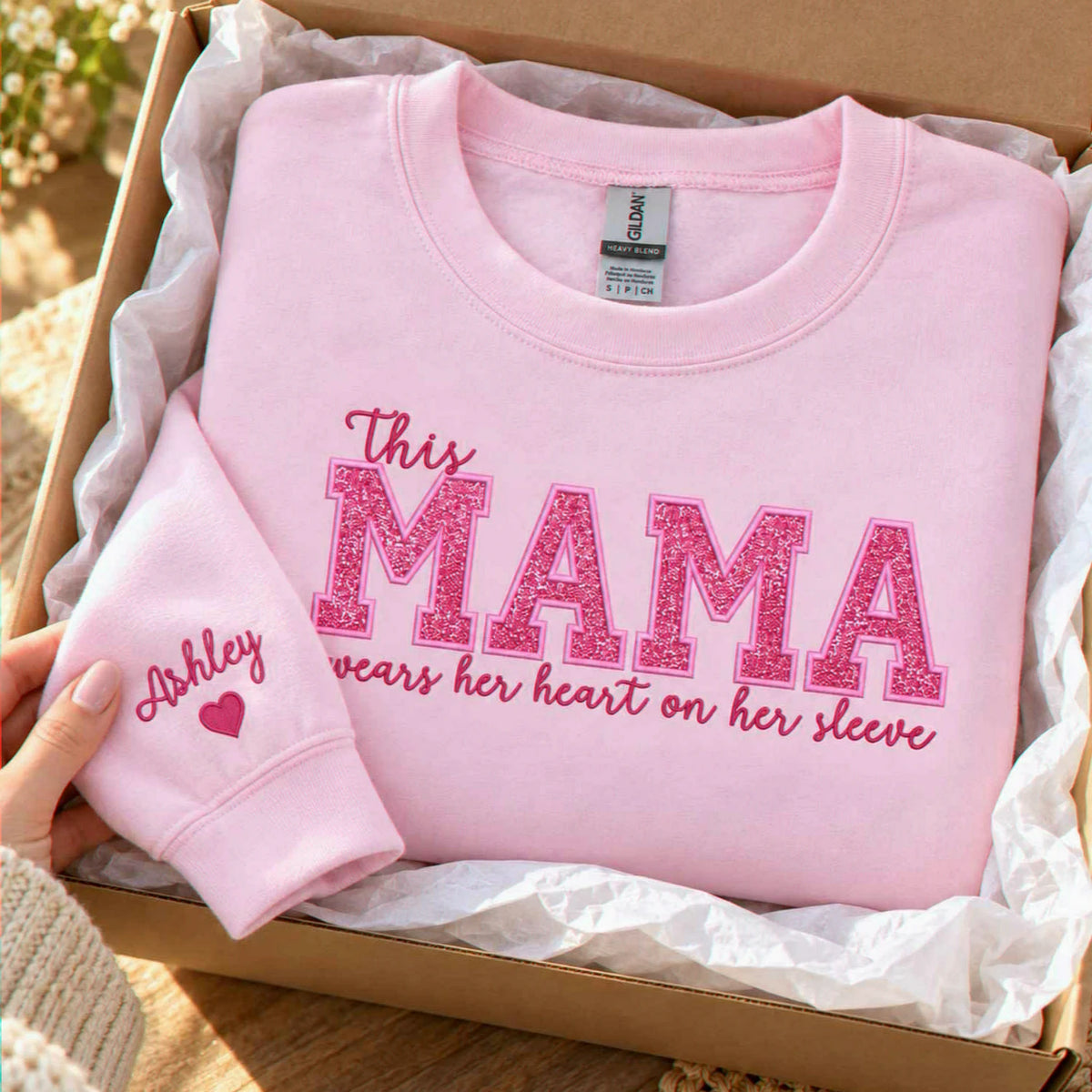Custom Glitter This Mama Wears Her Heart on Her Sleeve Sweatshirt, Embroidered Mama Applique Crewneck