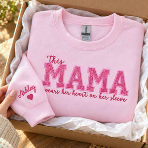 Custom Glitter This Mama Wears Her Heart on Her Sleeve Sweatshirt, Embroidered Mama Applique Crewneck