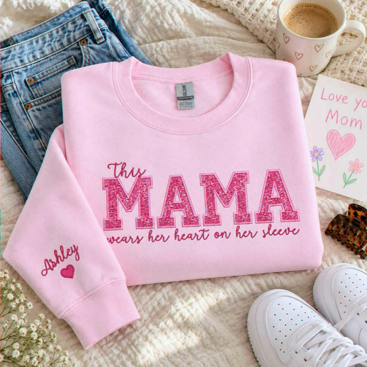 Custom Glitter This Mama Wears Her Heart on Her Sleeve Sweatshirt, Embroidered Mama Applique Crewneck