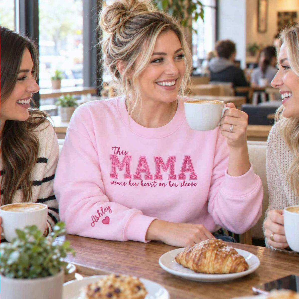 Custom Glitter This Mama Wears Her Heart on Her Sleeve Sweatshirt, Embroidered Mama Applique Crewneck