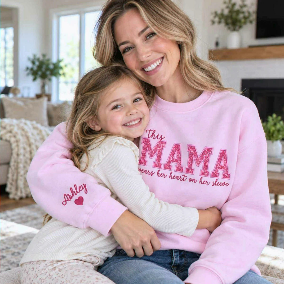 Custom Glitter This Mama Wears Her Heart on Her Sleeve Sweatshirt, Embroidered Mama Applique Crewneck