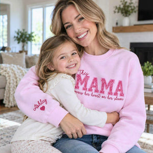 Custom Glitter This Mama Wears Her Heart on Her Sleeve Sweatshirt, Embroidered Mama Applique Crewneck