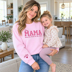 Custom Glitter This Mama Wears Her Heart on Her Sleeve Sweatshirt, Embroidered Mama Applique Crewneck
