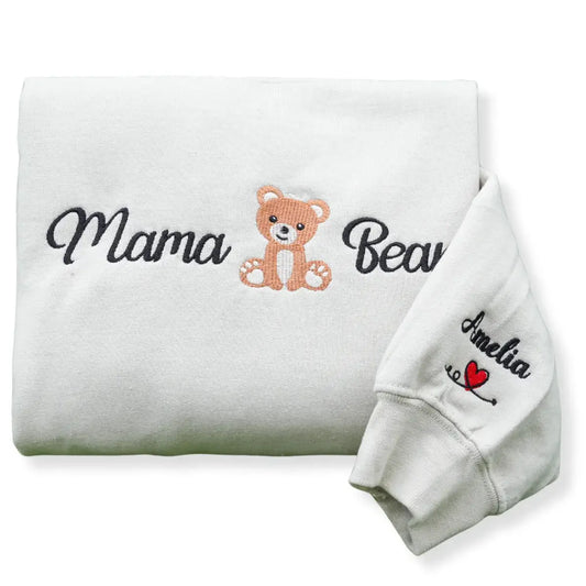 Mama Bear Sweatshirt or Hoodie with Embroidered Kids Name on Sleeve
