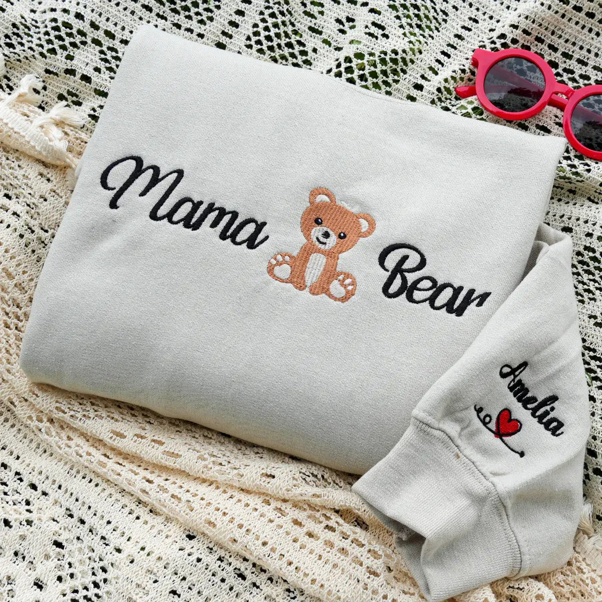 Mama Bear Sweatshirt or Hoodie with Embroidered Kids Name on Sleeve