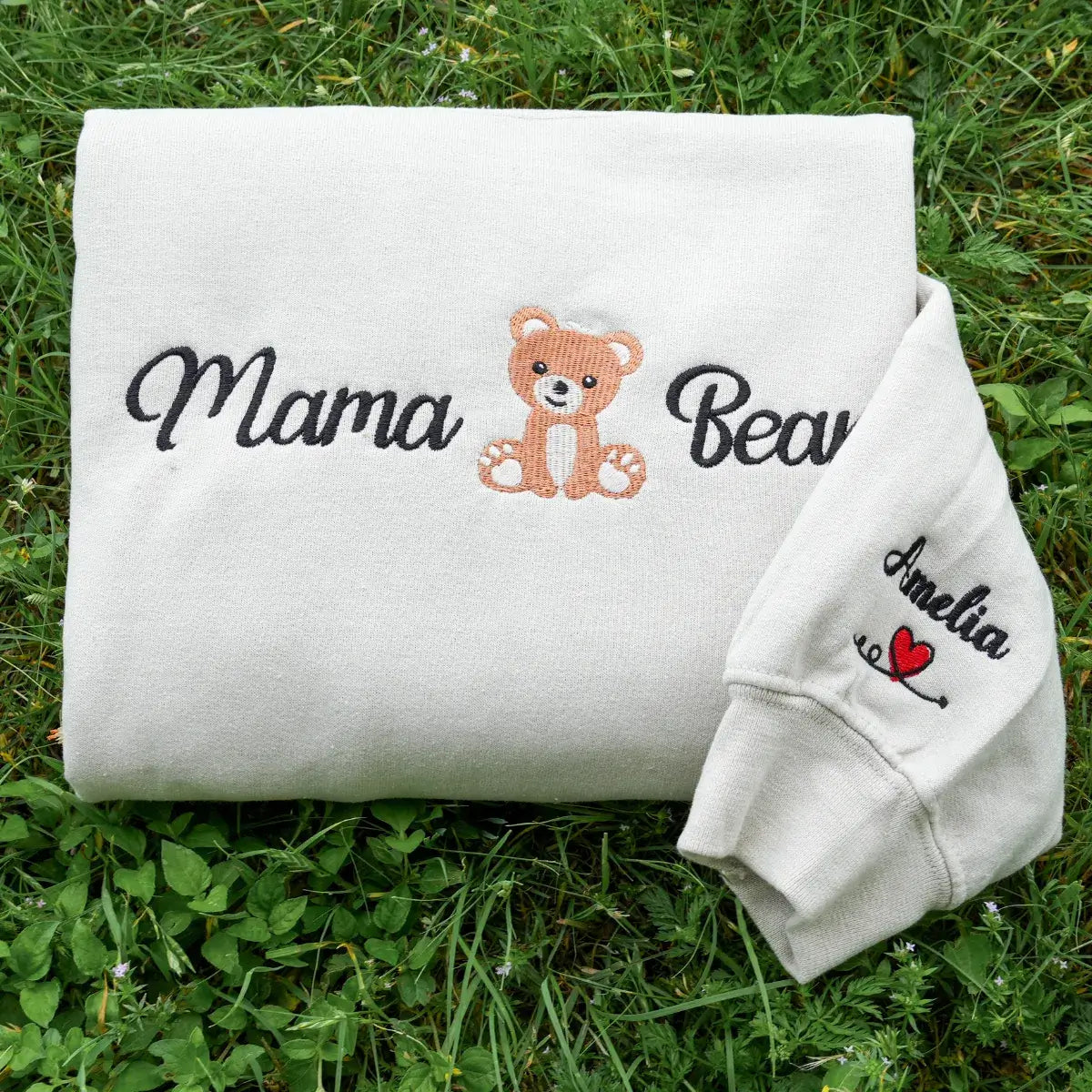 Mama Bear Sweatshirt or Hoodie with Embroidered Kids Name on Sleeve