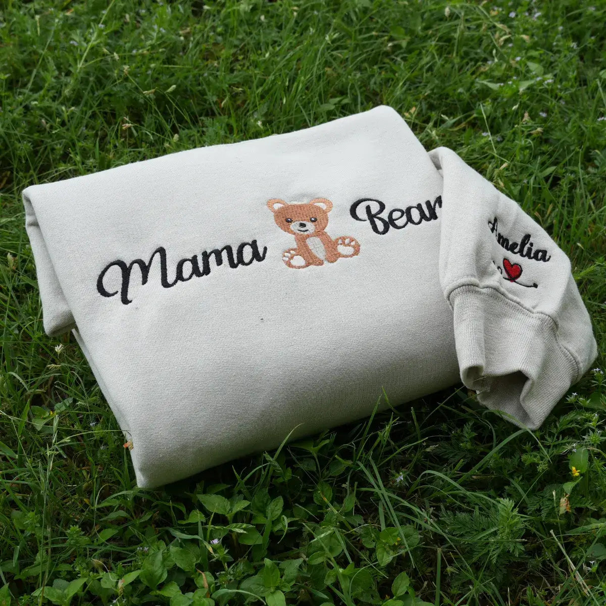 Mama Bear Sweatshirt or Hoodie with Embroidered Kids Name on Sleeve