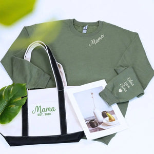 Embroidered Mama sweatshirt and stylish tote bag gift set for Mother’s Day