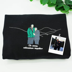 Couple wearing matching embroidered sweatshirts with hat and tote bag – romantic gift set