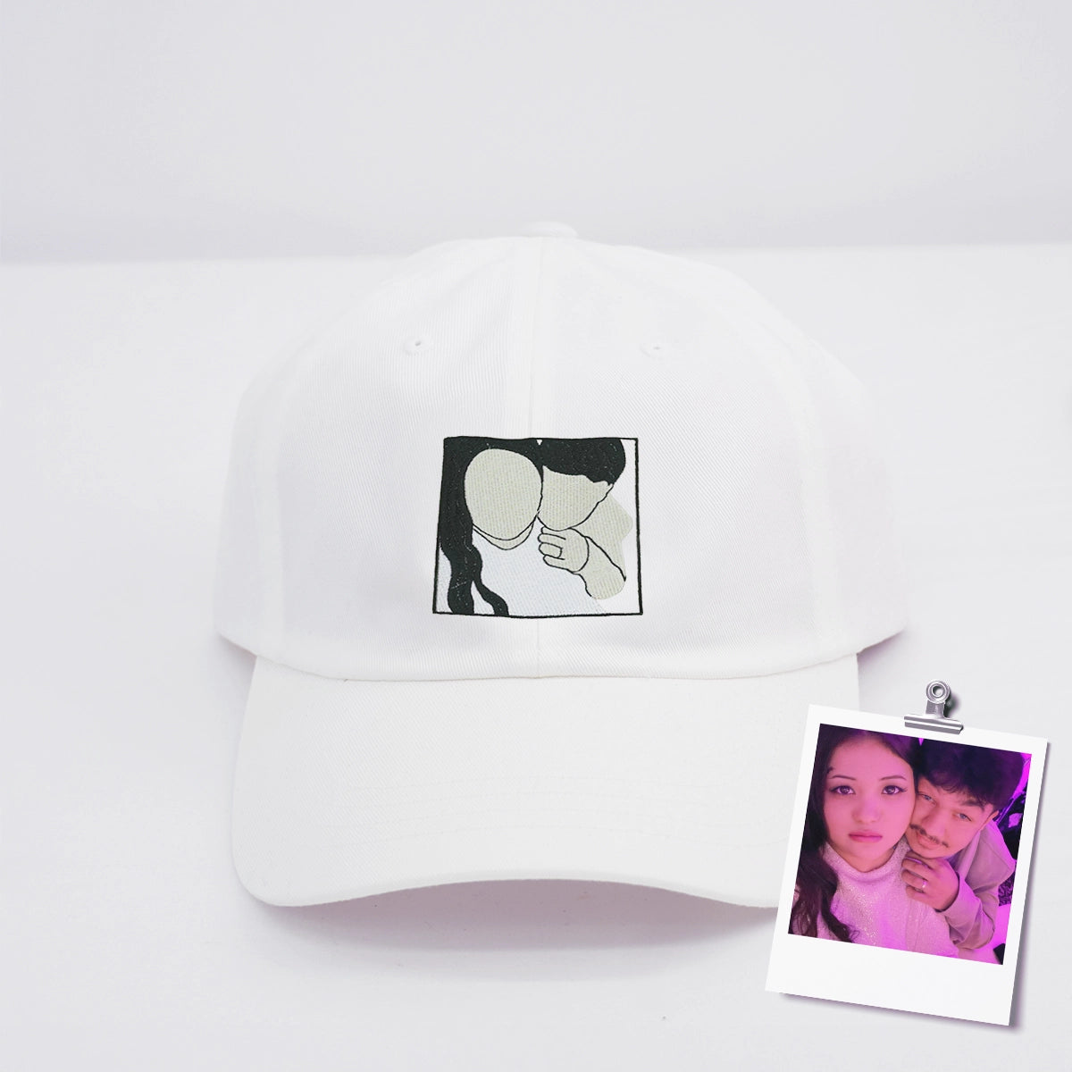 Couple wearing matching embroidered sweatshirts with hat and tote bag – romantic gift set