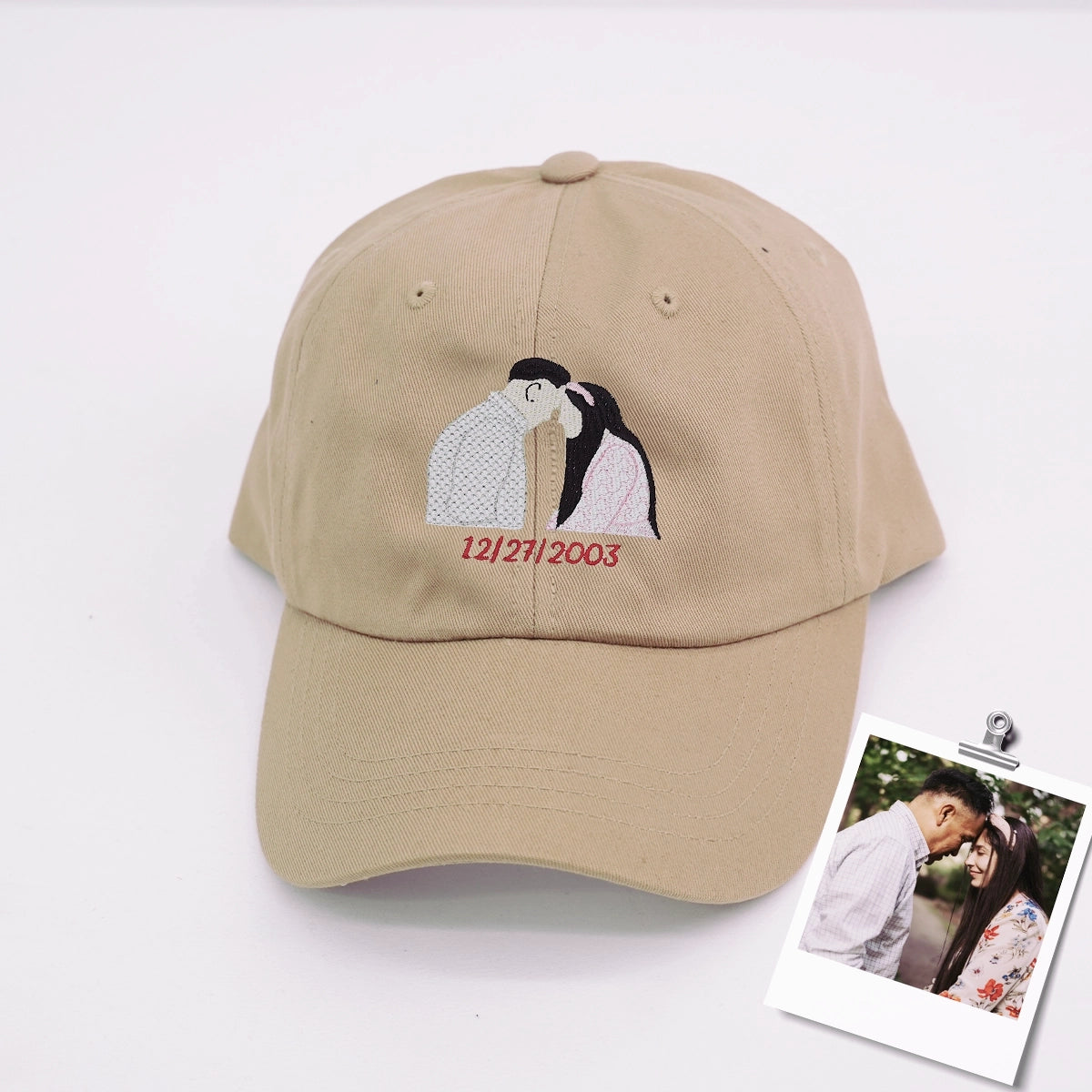 Couple wearing matching embroidered sweatshirts with hat and tote bag – romantic gift set