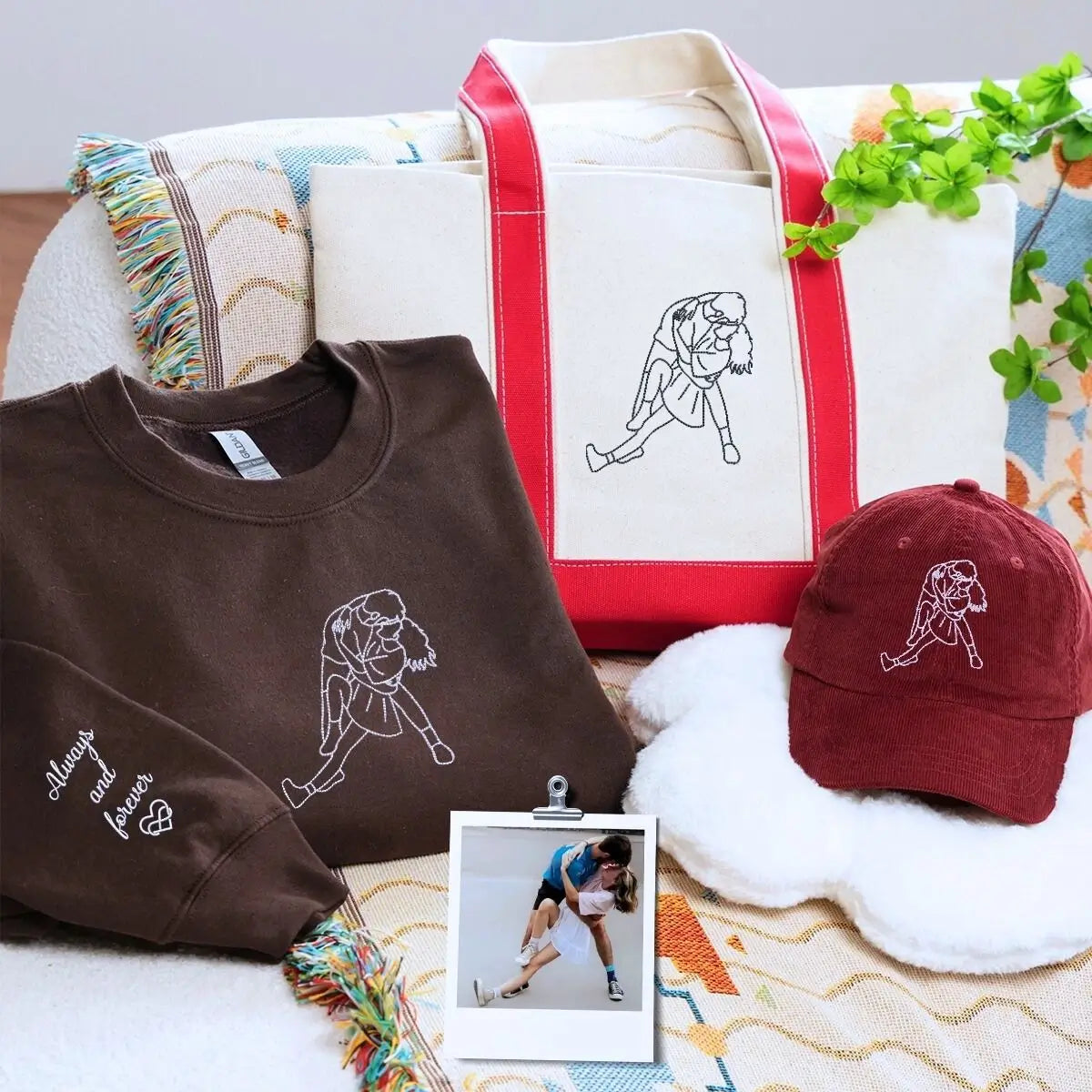 Couple wearing matching embroidered sweatshirts with hat and tote bag – romantic gift set
