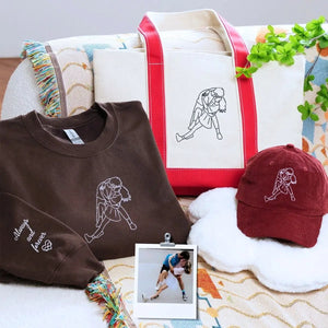 Couple wearing matching embroidered sweatshirts with hat and tote bag – romantic gift set