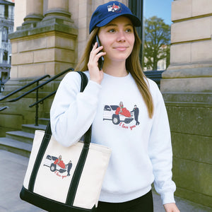 Couple wearing matching embroidered sweatshirts with hat and tote bag – romantic gift set