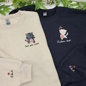 Matching Sweatshirt For Couple, Custom Embroidered Anime Cat Crewneck, Anniversary Gift For Couple