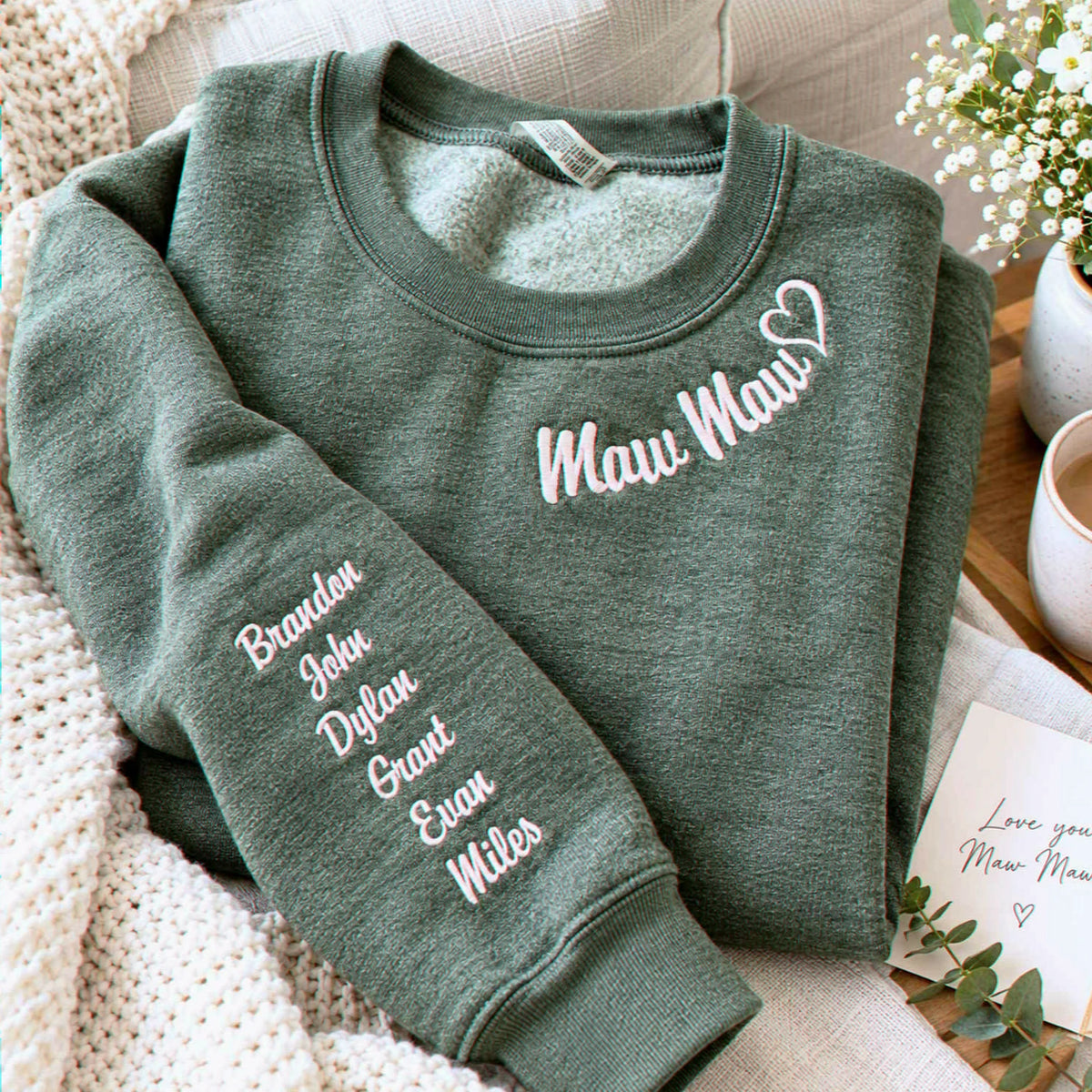 Mawmaw Sweatshirt or Hoodie with Embroidered GrandKids Names on Sleeve