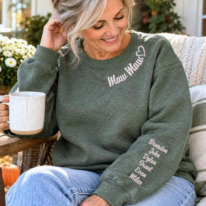 Mawmaw Sweatshirt or Hoodie with Embroidered GrandKids Names on Sleeve